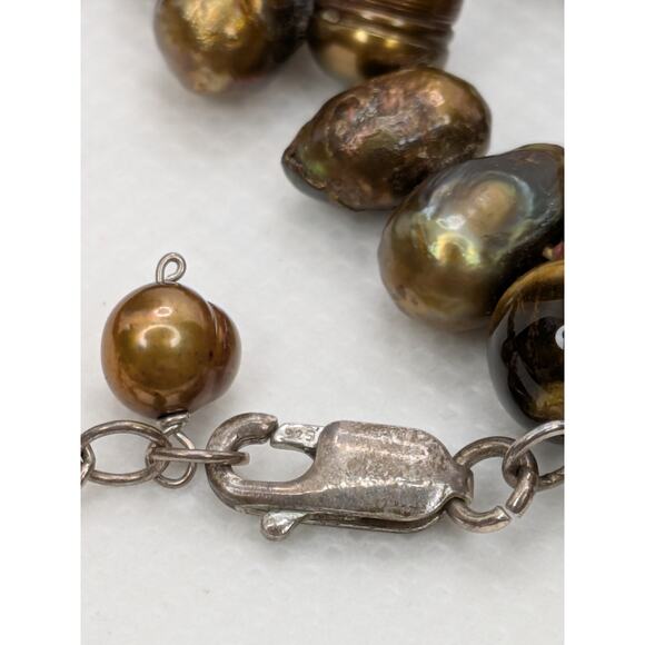 Tigers Eye & Pearl Necklace With Sterling Adjustable Clasp 18" - Picture 5 of 5
